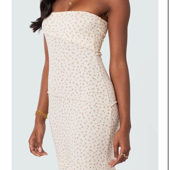 Edikted Lynn Strapless Romantic Floral Rib Knit Cream Maxi Dress, XS - Picture 5 of 15